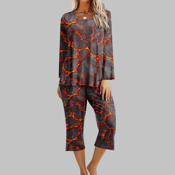 2 Piece Outfits For Women 2PC Halloween Print Round Neck Long Sleeve Two-piece Comfortable Home Pajamas Set Sports Set Up to 65% off