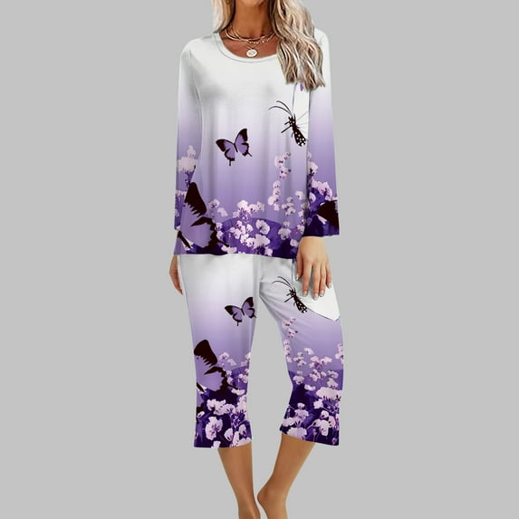 2 Piece Outfits For Women 2PC Round Neck Long Sleeve Two-piece Comfortable Home Pajamas Set Sports Set Up to 65% off