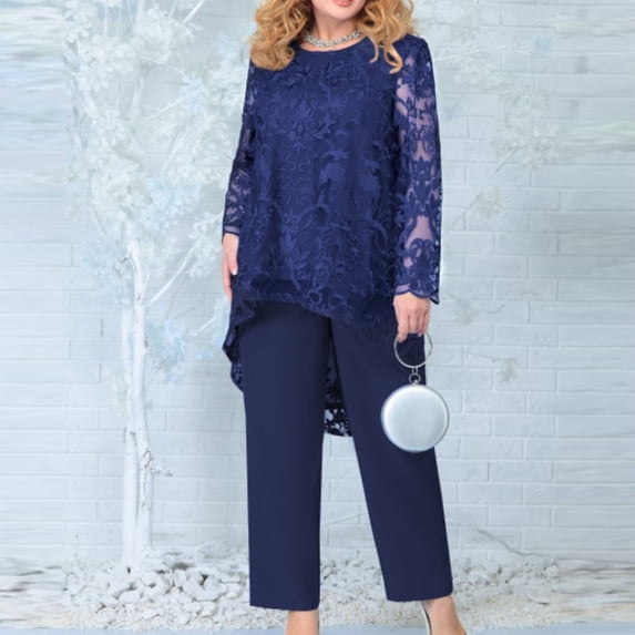 2 Piece Outfits For Women Pants Sets Plus Size Evening Dress Lace Embroidery Temperament Long Sleeve Fit PantsTwo Piece Set
