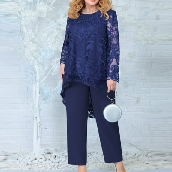 2 Piece Outfits For Women Pants Sets Plus Size Evening Dress Lace Embroidery Temperament Long Sleeve Fit PantsTwo Piece Set