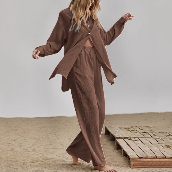 2 Piece Outfits For Women Pants Sets Solid Button Long Sleeve Shirt Blouse And Pants Set With Pocket on Clearance
