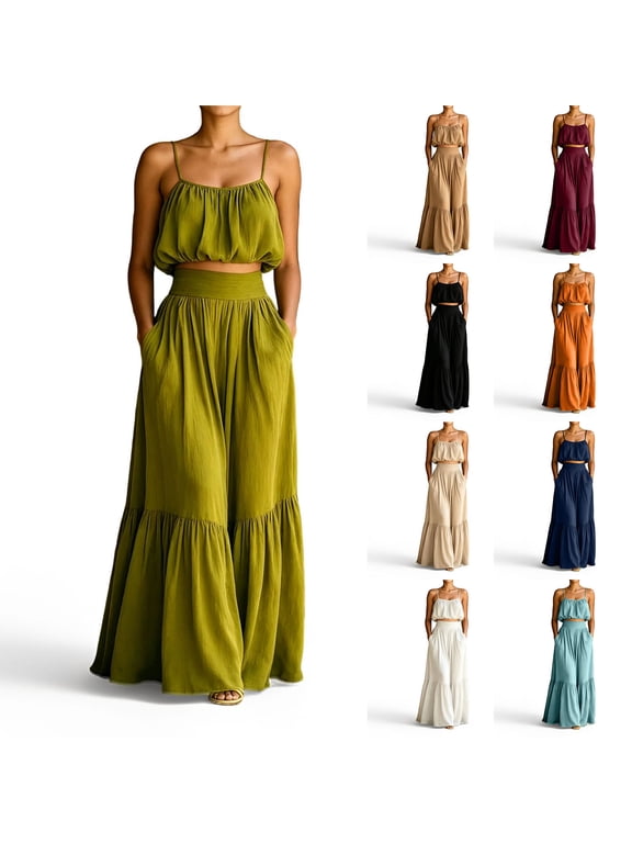 2 Piece Outfits For Women Sleeveless Pleated Crop Cami Top & Elastic High Waist Flowy Skirts Summer Beach Vacation Set
