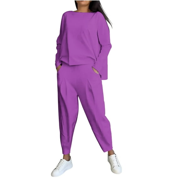 2 Piece Outfits For Women Sweatshirts Sets Casual Solid Color Crew Neck Irregular Hoodie Long Sleeved Fall Purple Jogger Sweat Pants Set ( 4XL )