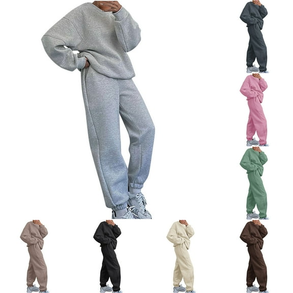 2 Piece Outfits For Women Sweatshirts Sets Long Sleeve Casual Solid Color Loose Hooded Pullover Fall Gray Jogger Sweat Pants Set ( L )