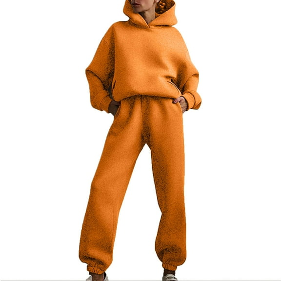 2 Piece Outfits For Women Sweatshirts Sets Long Sleeve Solid Color Hooded Pullover Casual Fall Orange Jogger Sweat Pants Set ( S )