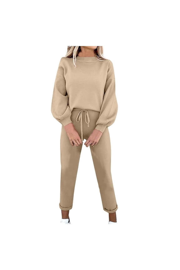2 Piece Outfits For Women Sweatshirts Sets Solid Color Round-Neck Long Sleeve Elastic Waist Pockets Fall Khaki Jogger Sweat Pants Set XS-2XL