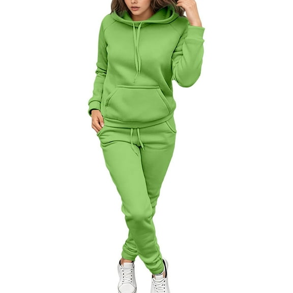 2 Piece Outfits Hooded Athletic Tracksuit Jogging Suit Set Women Casual Jogging Athletic Suits Hooded Tracksuit Loungewear Sweatsuit with Pockets - Light Green