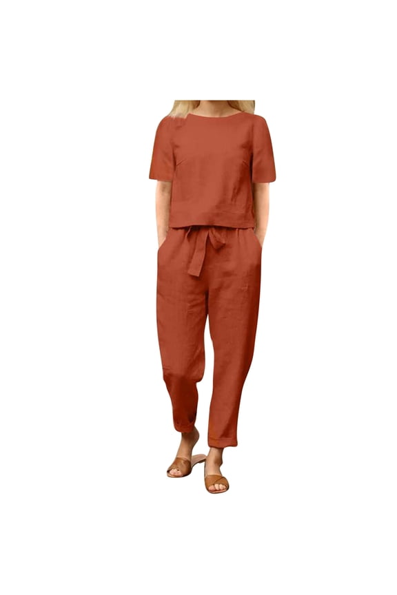 2 Piece Outfits Linen Co Ords Sets Women's Summer Tracksuits Loose Fit-Round Neck Short Sleeve T-Shirt Solid Cotton Linen Tops and Pants Casual Trousers Plus Size Travel Outfit Women