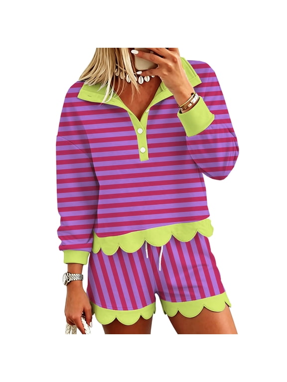 2 Piece Outfits Scalloped Hem Sweatshirt Short Sets for Women Casual Tracksuits Matching Workout Lounge Sets