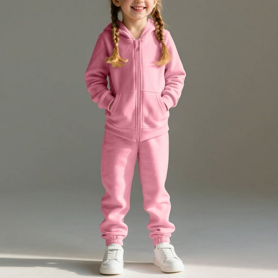 2 Piece Outfits Set Hoodie Long Pant for Child Toddler Two Piece Set Of Long Sleeve Hooded Set Open Zipper Sports Casual Tops And Pants For Boys And Girls with Solid Color And Velvet Added