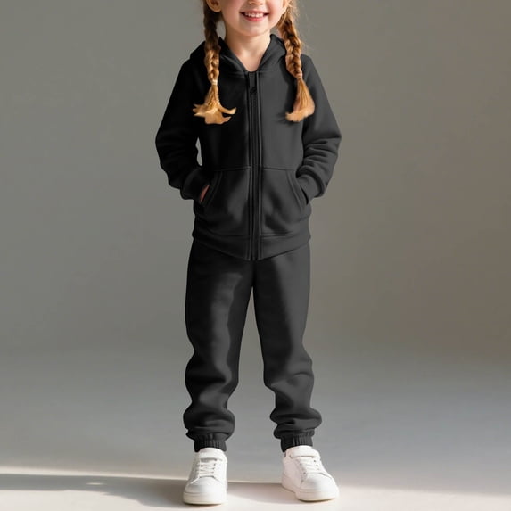 2 Piece Outfits Set Hoodie Long Pant for Child Toddler Two Piece Set Of Long Sleeve Hooded Set Open Zipper Sports Casual Tops And Pants For Boys And Girls with Solid Color And Velvet Added
