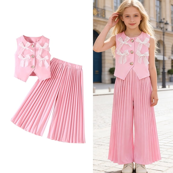 2 Piece Outfits Sets Girls Bow Sleeveless Vest and Wide Leg Pants Set Girls Spring Clothes Preppy Clothes for Girls 6-7 Years
