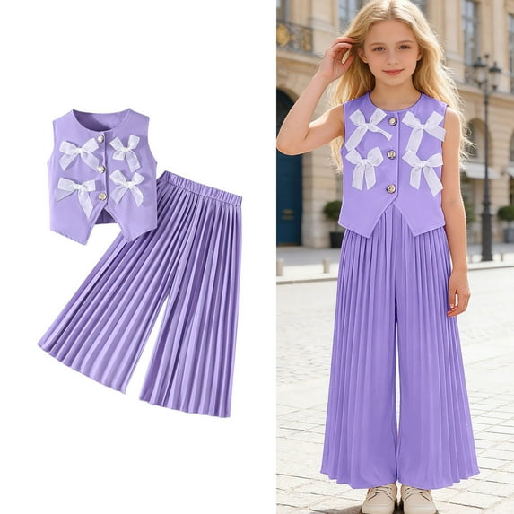2 Piece Outfits Sets Girls Bow Sleeveless Vest and Wide Leg Pants Set Girls Spring Outfits Girls Size 5-6 Years Outfit Sets