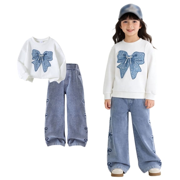 2 Piece Outfits Sets Girls Long Sleeve Bow Sweatshirt and Wide Leg Jeans Set Spring Clothes Outfits for Girls 5-6 Years