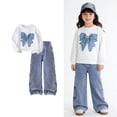 thumbnail image 1 of 2 Piece Outfits Sets Girls Long Sleeve Bow Sweatshirt and Wide Leg Jeans Sets Girls Spring Clothes 6-7 Years Old Girl Clothes, 1 of 6