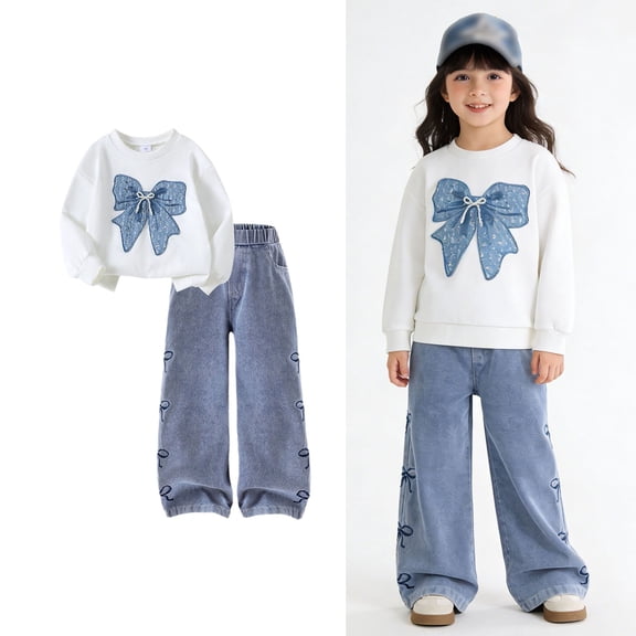 2 Piece Outfits Sets Girls Long Sleeve Bow Sweatshirt and Wide Leg Jeans Sets Girls Spring Clothes 6-7 Years Old Girl Clothes