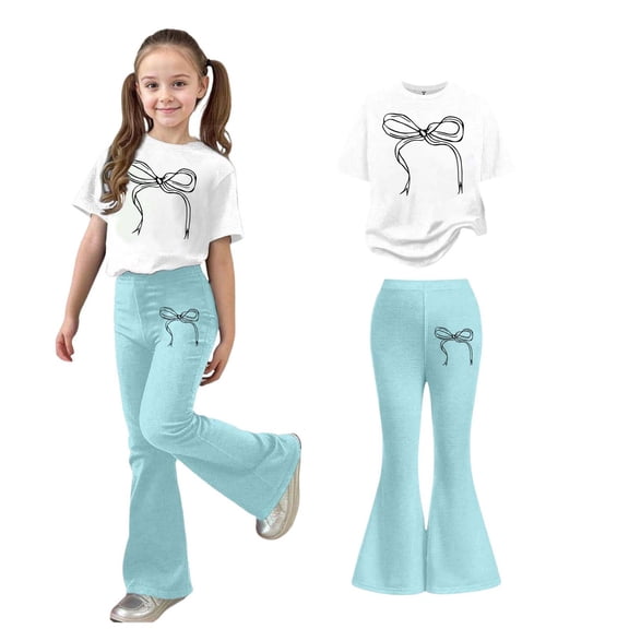 2 Piece Outfits Sets Girls Short Sleeve Bow T-Shirt Top and Flared Pants Set Girls Summer Clothes Cute Clothes for Girls 5-6 Years