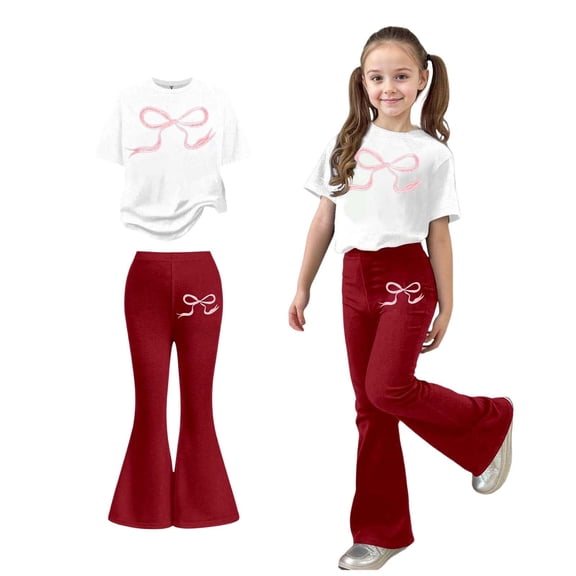 2 Piece Outfits Sets Girls Short Sleeve Bow T-Shirt Top and Flared Pants Set Spring Clothes Girls Cute Outfits 5-6 Years