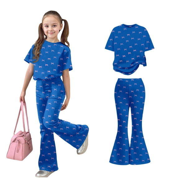 2 Piece Outfits Sets Girls Short Sleeve Bow T-Shirt Top and Flared Pants Set Summer Outfits Preppy Clothes for Girls 8-9 Years