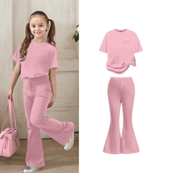 2 Piece Outfits Sets Girls Short Sleeve Bow T-Shirt Top and Flared Pants Sets Girl Spring Clothes Cute Clothes 8-9 Years