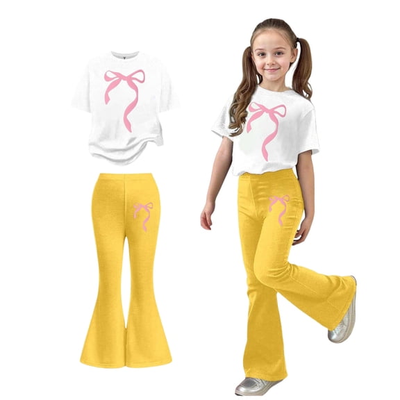 2 Piece Outfits Sets Girls Short Sleeve Bow T-Shirt Top and Flared Pants Sets Girls Spring Clothes Cute Outfit 5-6 Years