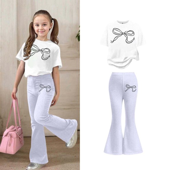 2 Piece Outfits Sets Girls Short Sleeve Bow T-Shirt Top and Flared Pants Sets Girls Spring Clothes Girl Outfits Size 11-12 Years