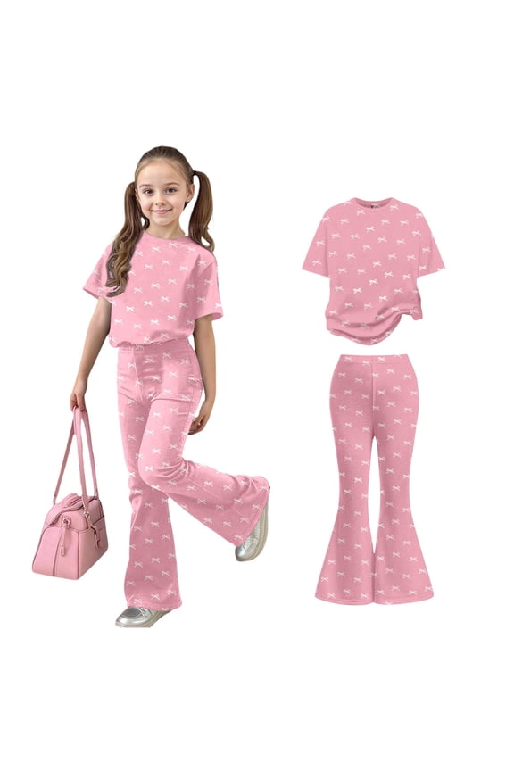 2 Piece Outfits Sets Girls Short Sleeve Bow T-Shirt Top and Flared Pants Sets Summer Clothes Girls Outfits Size 7-8 Years