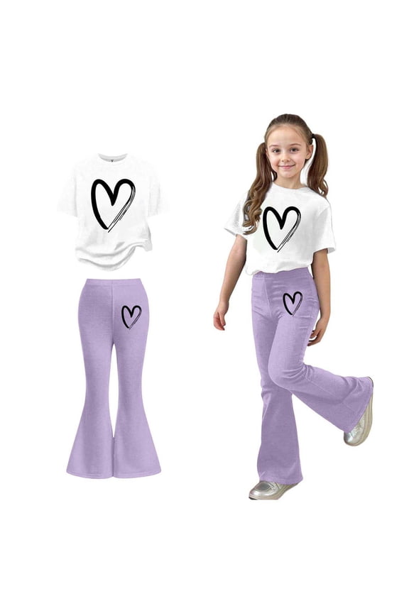 2 Piece Outfits Sets Girls Short Sleeve Heart T-Shirt Top and Flared Pants Set Girl Spring Clothes 7-8 Years Girls Outfits