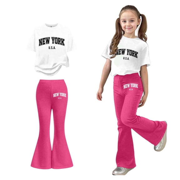 2 Piece Outfits Sets Girls Short Sleeve Letter Print T-Shirt Top and Flared Pants Set Girls Summer Clothes Girls Outfits Size 8-9 Years