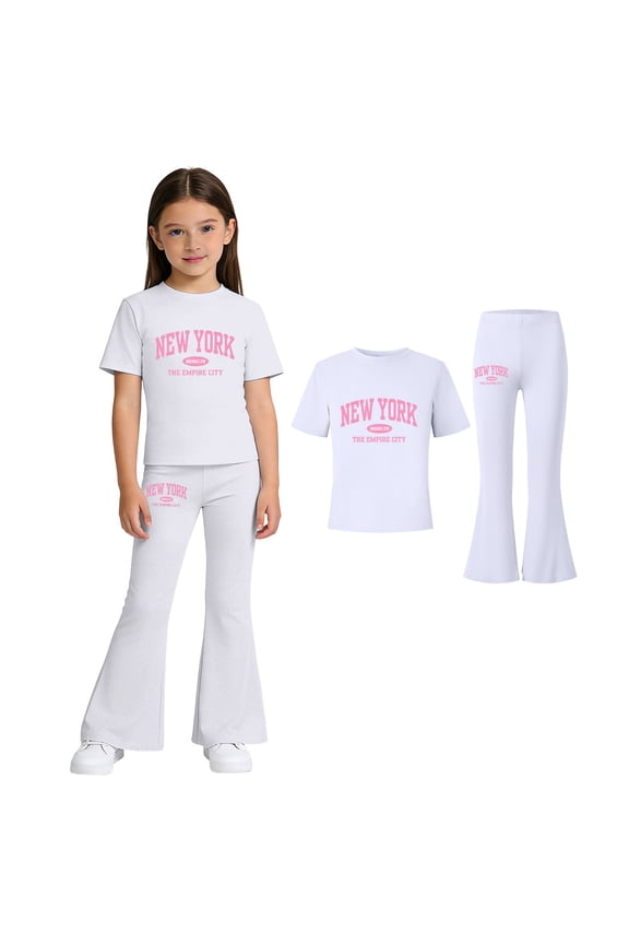 2 Piece Outfits Sets Girls Short Sleeve Letter Print T-Shirt Top and Flared Pants Set Summer Outfits Back to School Clothes 7-8 Years