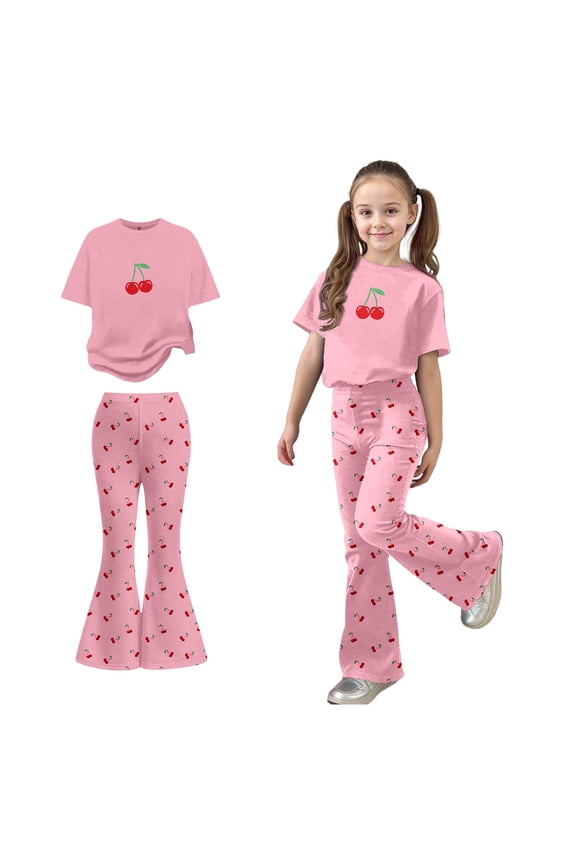2 Piece Outfits Sets Girls Short Sleeve T-Shirt Top and Flared Pants Sets Girls Summer Clothes Preppy Clothes for Teens 7-8 Years