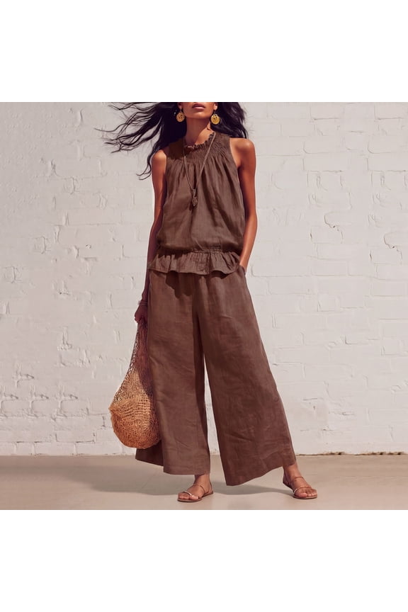 2 Piece Outfits Sleeveless Ruffle Top Wide Leg Pants, 2 Piece Linen Sets for Women, Summer Boho for Vacation & Home