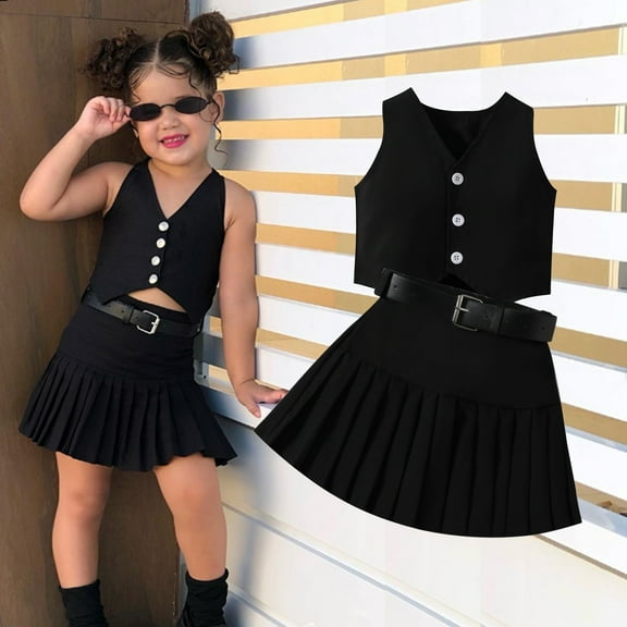2 Piece Outfits Suit for Girl Button Down Sleeveless Jacket Vest Belted Pleated Skirt Summer Matching Set, Black, 3 Years