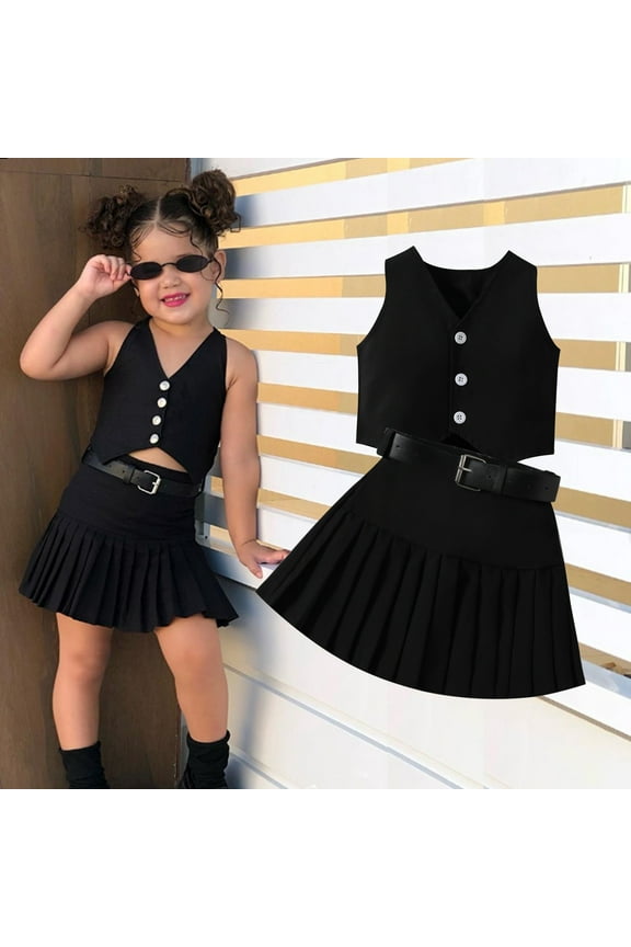 2 Piece Outfits Suit for Girl Button Down Sleeveless Jacket Vest Belted Pleated Skirt Summer Matching Set, Black, 4 Years