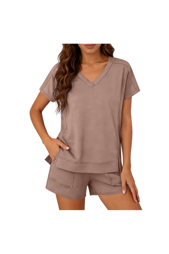 2 Piece Outfits Summer,Lounge Sets for Women 2 Piece Short Sleeve Pajamas Short Sets with Pockets Spring Casual Outfits Beach Vacation Clothes