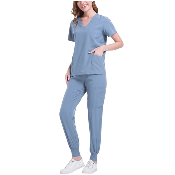 2 Piece Outfits Summer,Scrubs for Women Set Short Sleeves V-Neck Top and Cargo Pant Scrub Set Basic Jogger Pants with Pockets