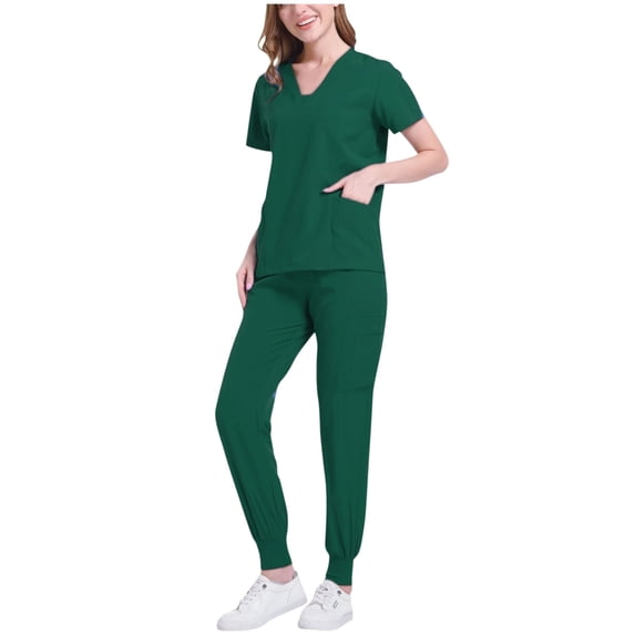 2 Piece Outfits Summer,Scrubs for Women Set Short Sleeves V-Neck Top and Cargo Pant Scrub Set Basic Jogger Pants with Pockets
