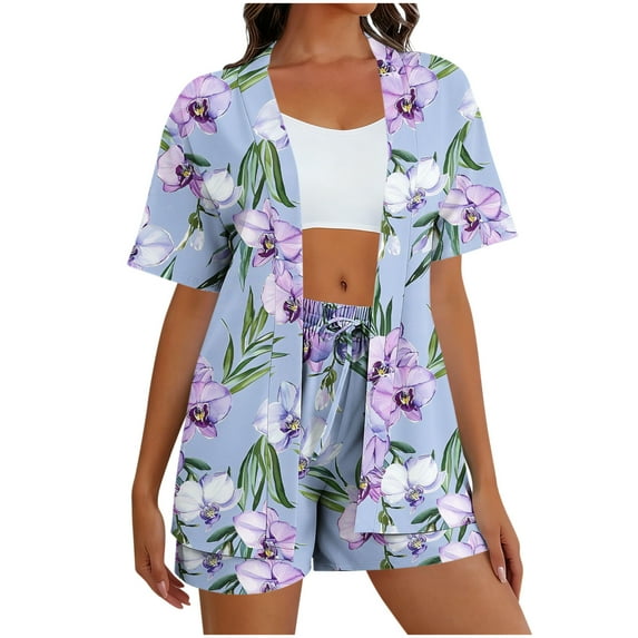 2 Piece Outfits Summer Sets,Women's Hawaiian Beach Outfit 2 Piece Tropical Print Swim Cover up Shorts Set Summer Vacation Beachwear