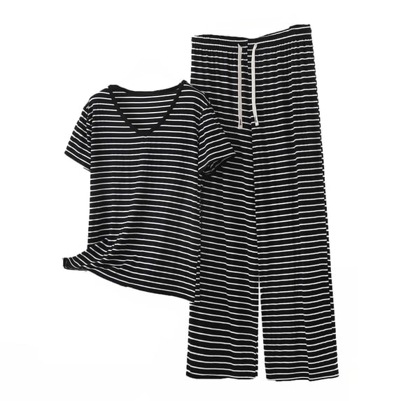 2 Piece Outfits Summer Sets,Womens Two Piece Striped Set Short Sleeve V Neck Top and Wide Leg Pants Matching Sets