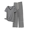 thumbnail image 1 of 2 Piece Outfits Summer Sets，Womens Two Piece Striped Set Short Sleeve V Neck Top and Wide Leg Pants Matching Sets, 1 of 6