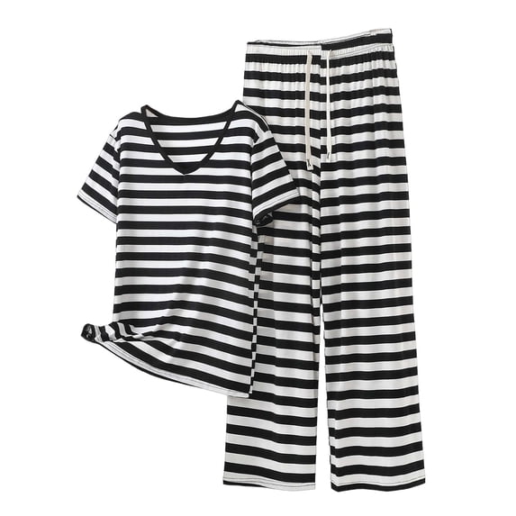 2 Piece Outfits Summer Sets,Womens Two Piece Striped Set Short Sleeve V Neck Top and Wide Leg Pants Matching Sets