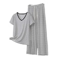 thumbnail image 1 of 2 Piece Outfits Summer Sets，Womens Two Piece Striped Set Short Sleeve V Neck Top and Wide Leg Pants Matching Sets, 1 of 6