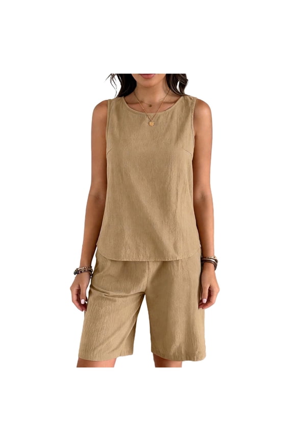 2 Piece Outfits Summer,Two Piece Sets for Women Summer Sleeveless Lounge Set Crewneck Tops Matching Shorts with Pockets Tracksuit Outfits