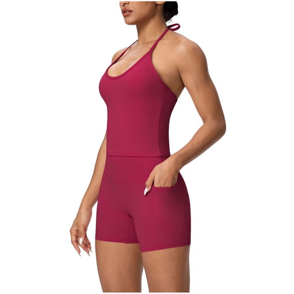 2 Piece Outfits Summer,Two Piece Workout Sets for Women Summer Halter Sleeveless Backless Short Tops and Gym Yoga Shorts Athletic Outfits