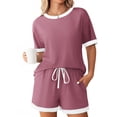 thumbnail image 1 of 2 Piece Outfits Summer,Women Ribbed Knit Pajama Sets Short Sleeve Top and Shorts 2 Piece Soft Pjs Sleepwear with Pockets Lounge Sets, 1 of 5