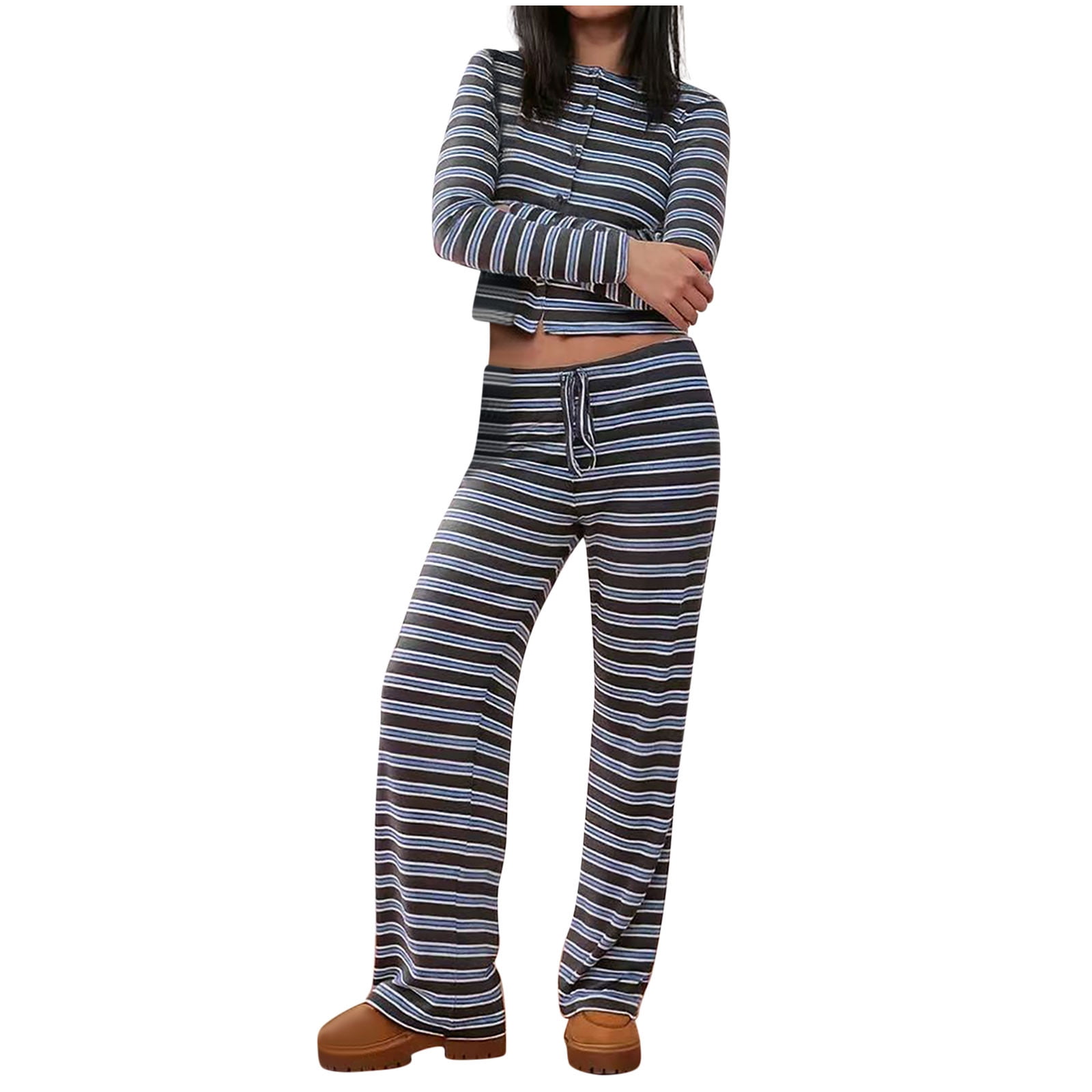 2 Piece Outfits Summer,Womens 2 Piece Lounge Sets Casual Striped Button ...