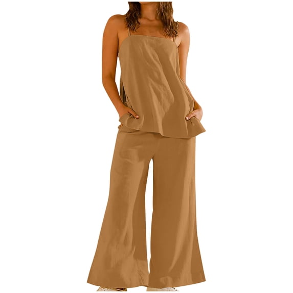 2 Piece Outfits Summer,Womens 2 Piece Outfits Linen Sleeveless Side Button Slit Camisole Tops Wide Leg Pants Vacation Matching Set Loungewear