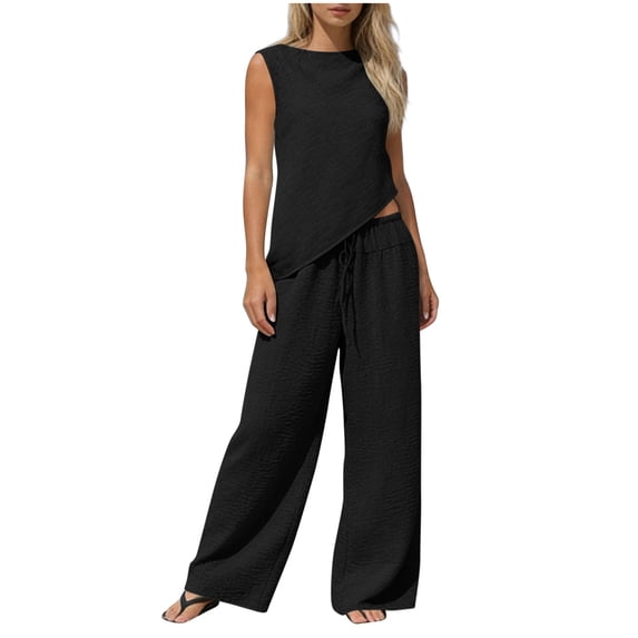 2 Piece Outfits Summer,Womens Summer Two Piece Sets Asymmetrical Tank Tops Wide Leg Pants Set Beach Vacation Outfits