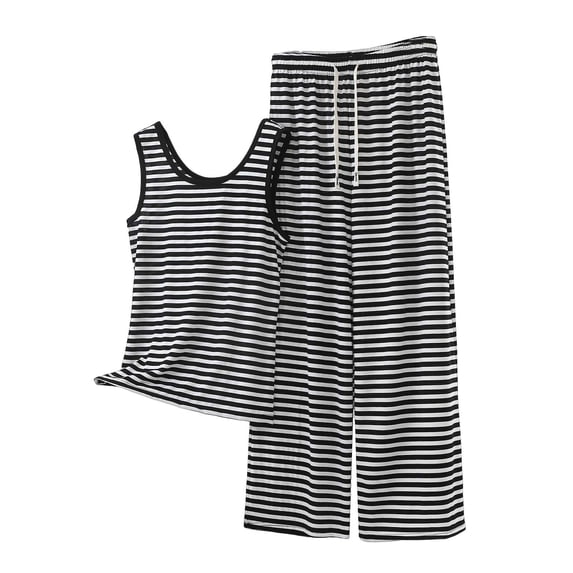 2 Piece Outfits Summer,Womens Two Piece Striped Set Sleeveless Round Neck Top and Wide Leg Pants Matching Sets