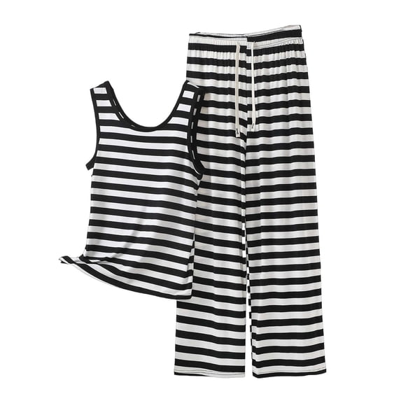 2 Piece Outfits Summer,Womens Two Piece Striped Set Sleeveless Round Neck Top and Wide Leg Pants Matching Sets